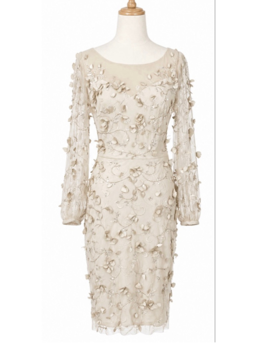 NWT THEIA Sand Jessa Beaded Cocktail Long Sleeve Dress Size 2